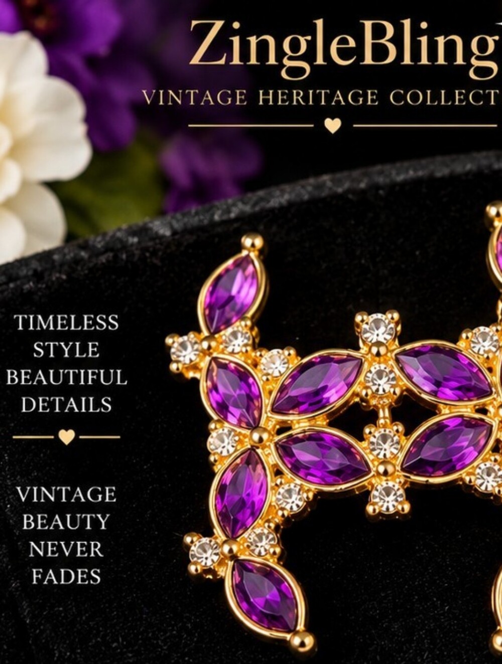 Vintage Purple Rhinestone Gold Tone Statement Brooch Marquise Crystal Pin